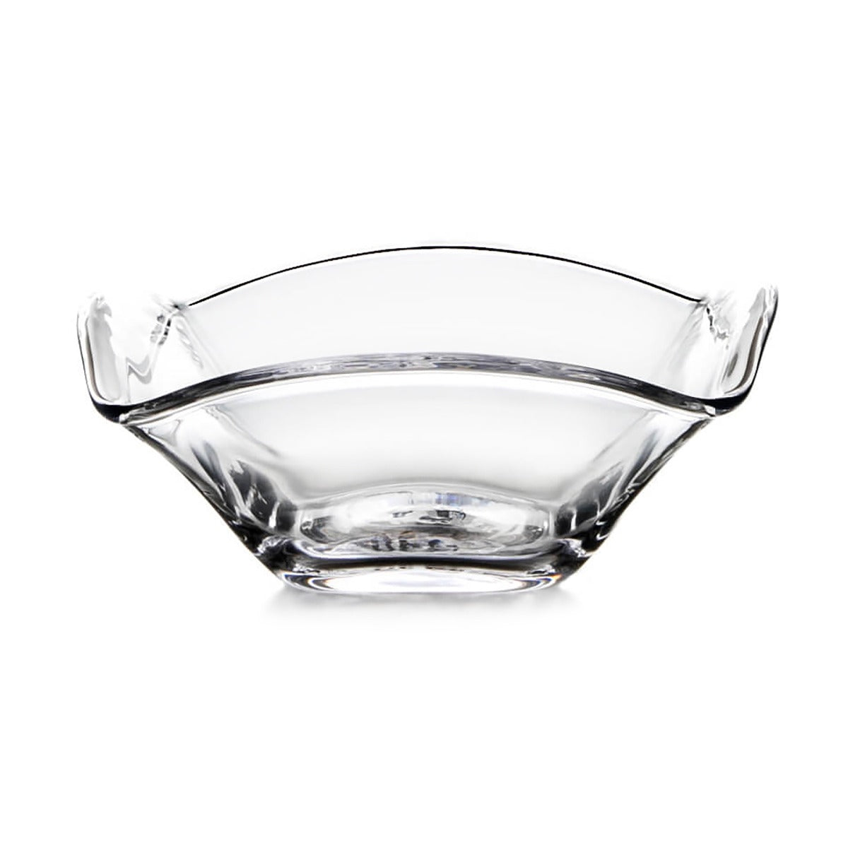Clear glass decorative figure shaped like a stylized Christmas tree on a plain background.
