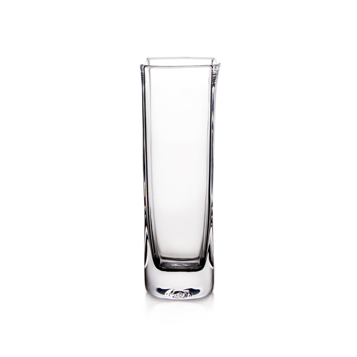 Clear glass decorative figure shaped like a stylized Christmas tree on a plain background.