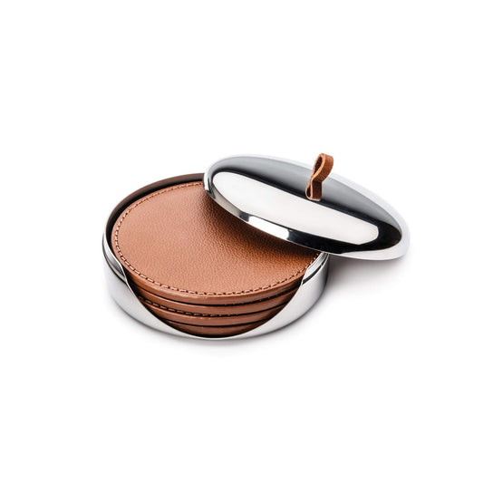 Georg Jensen Sky Leather Coaster Set with Stainless Steel Case