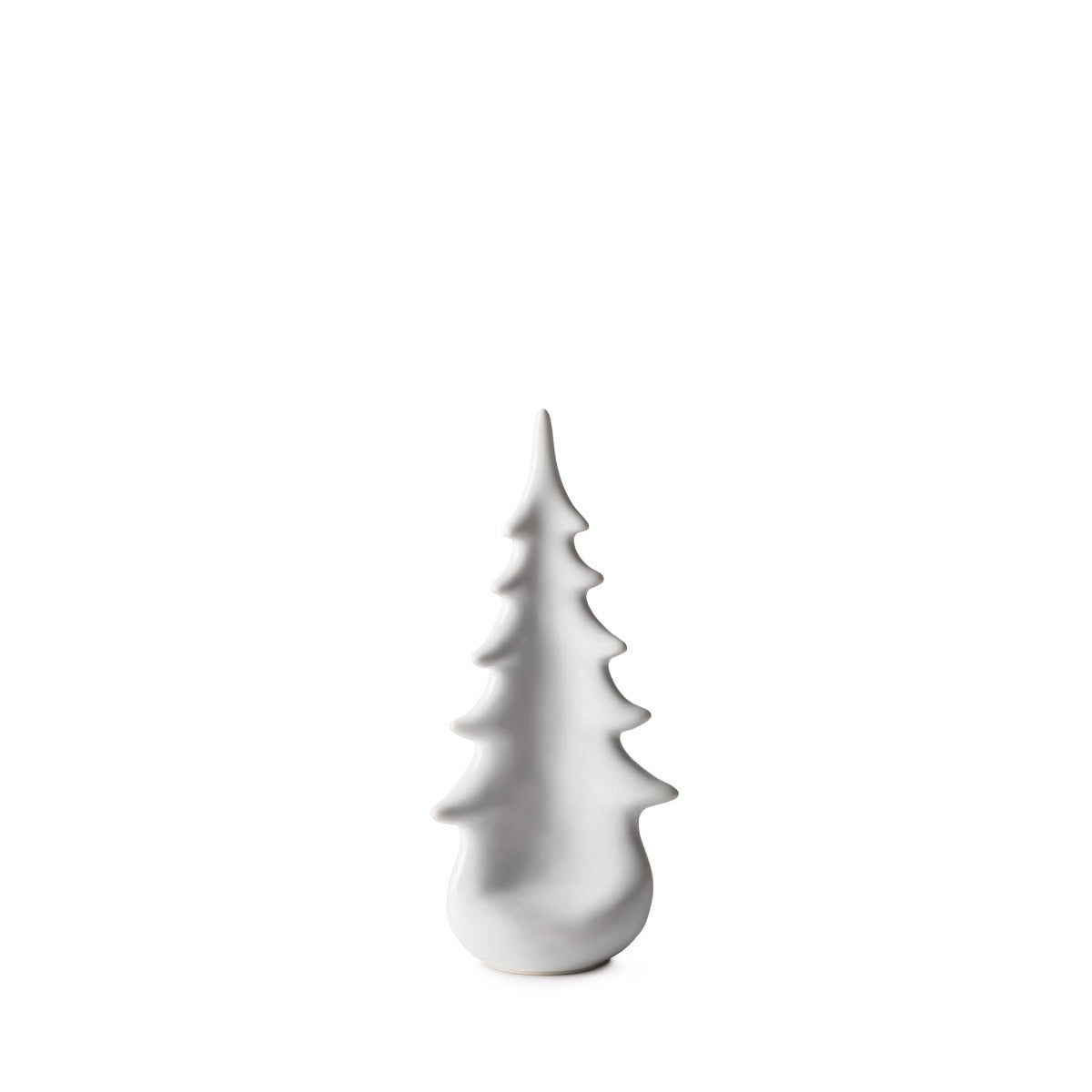 A white ceramic Christmas tree decoration against a plain background.