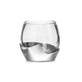 Clear glass globe with silver metal mountain-shaped base on white background.