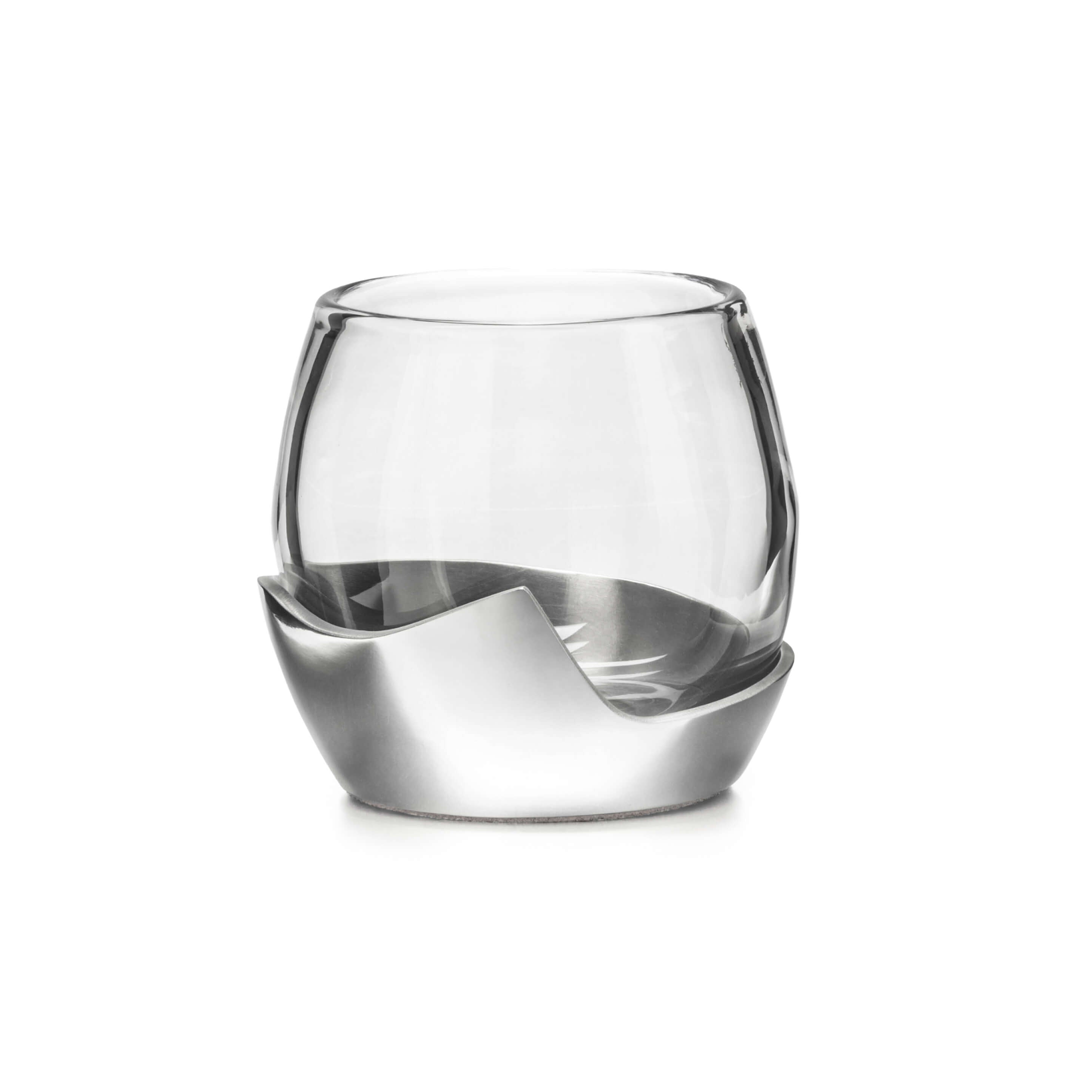 Clear glass globe with silver metal mountain-shaped base on white background.