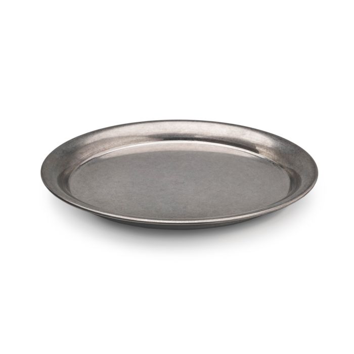 Oval metal tray with a raised rim and brushed pewter finish.