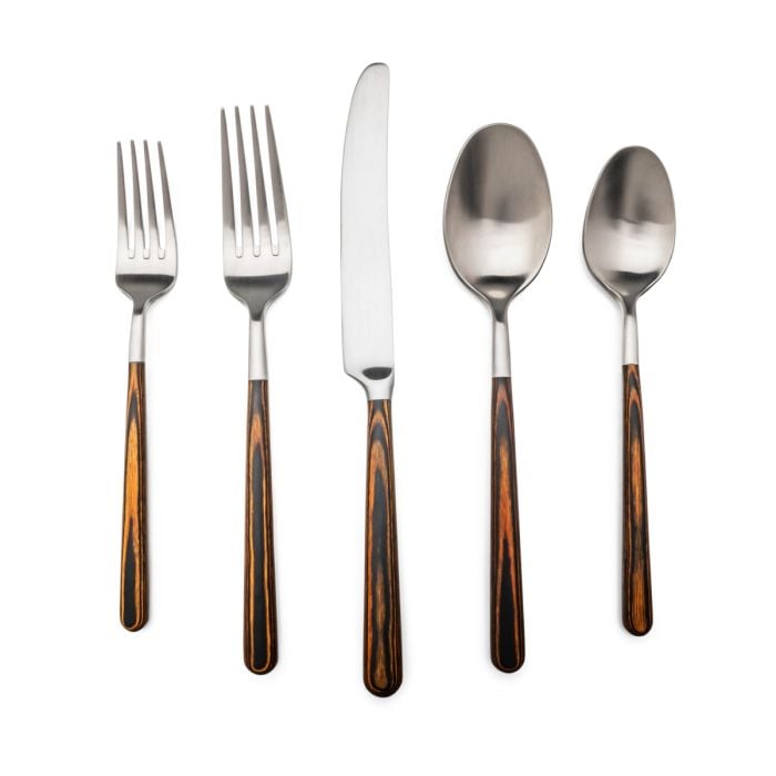 Five-piece stainless steel flatware set with tortoiseshell-patterned handles including two forks, knife, and two spoons.