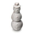 White ceramic snowman with stacked spheres, coal buttons, and a hat.