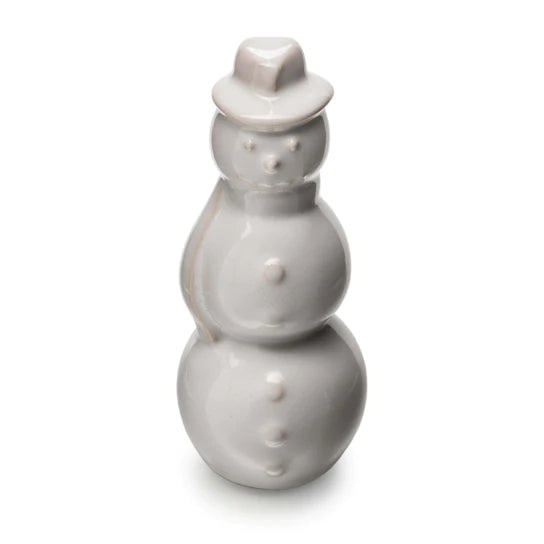 White ceramic snowman with stacked spheres, coal buttons, and a hat.