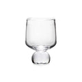 Clear glass tumbler with rounded bowl shape and bulbous pedestal base.
