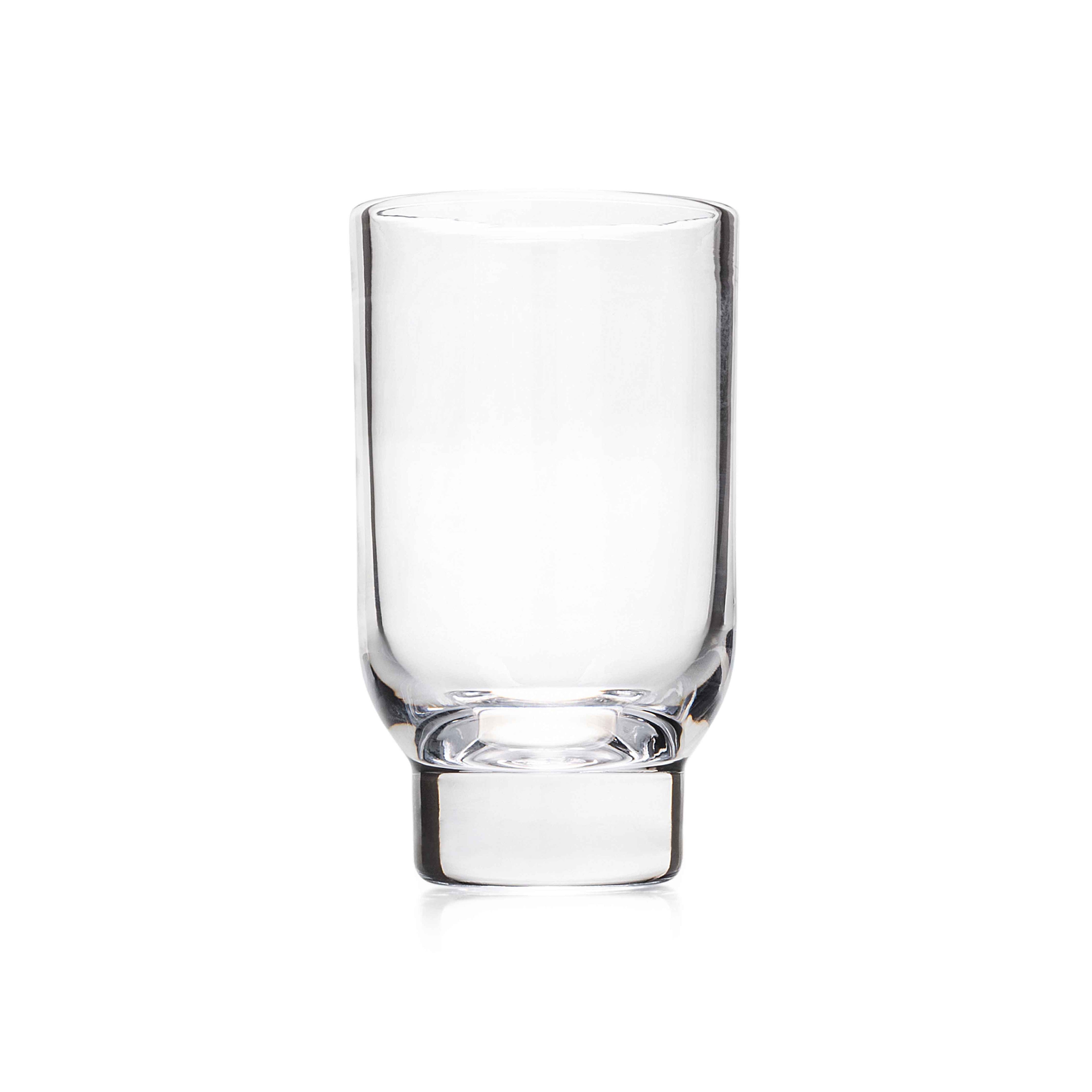 Clear glass tumbler with straight sides and weighted base.