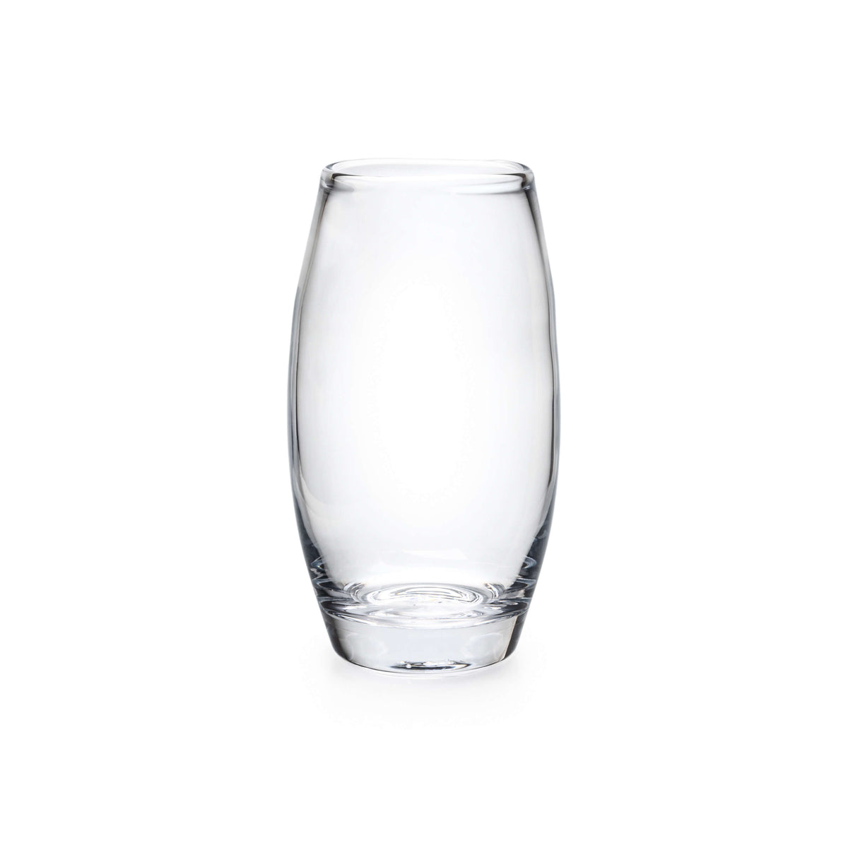 Clear glass vase with tapered cylindrical shape and rounded rim.