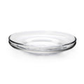 Clear glass platter with wide, shallow bowl shape and thick rim.