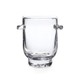 Clear glass ice bucket with curved handles on both sides and a rounded base.