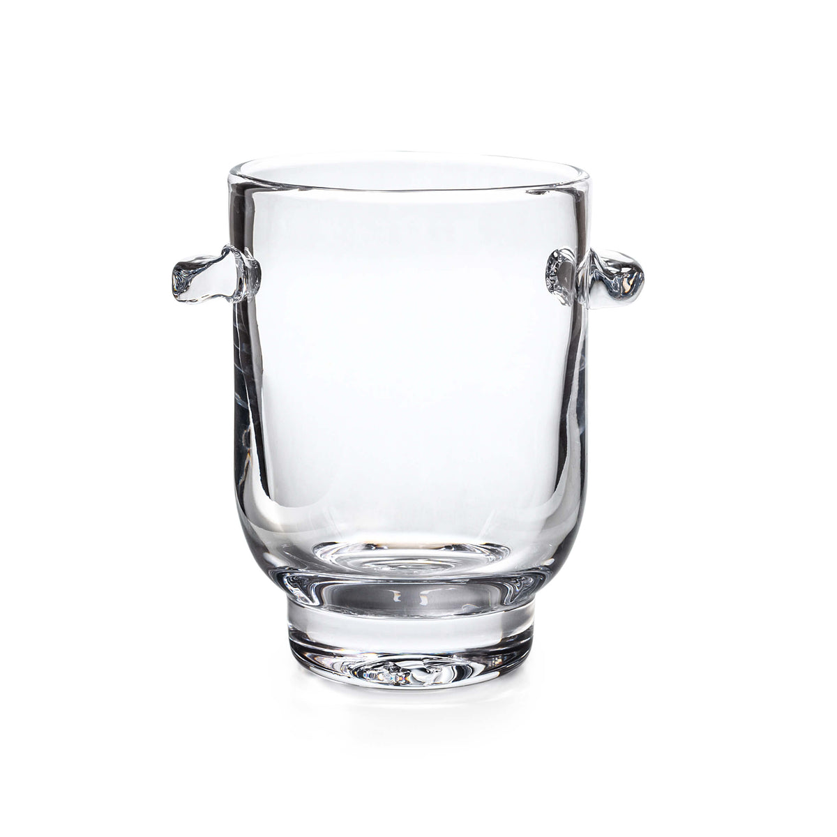 Clear glass ice bucket with curved handles on both sides and a rounded base.