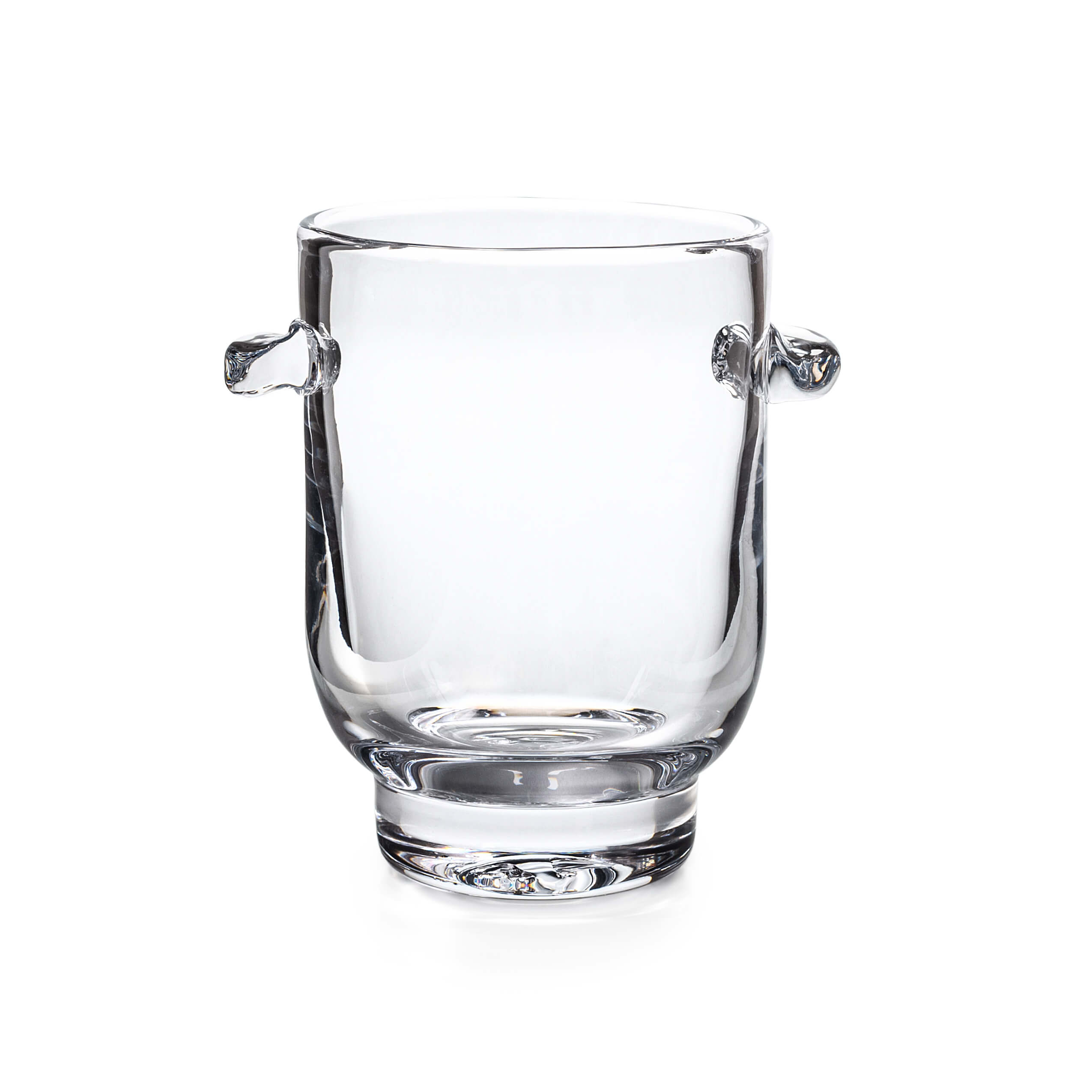 Clear glass ice bucket with two molded handles on sides and curved rim.