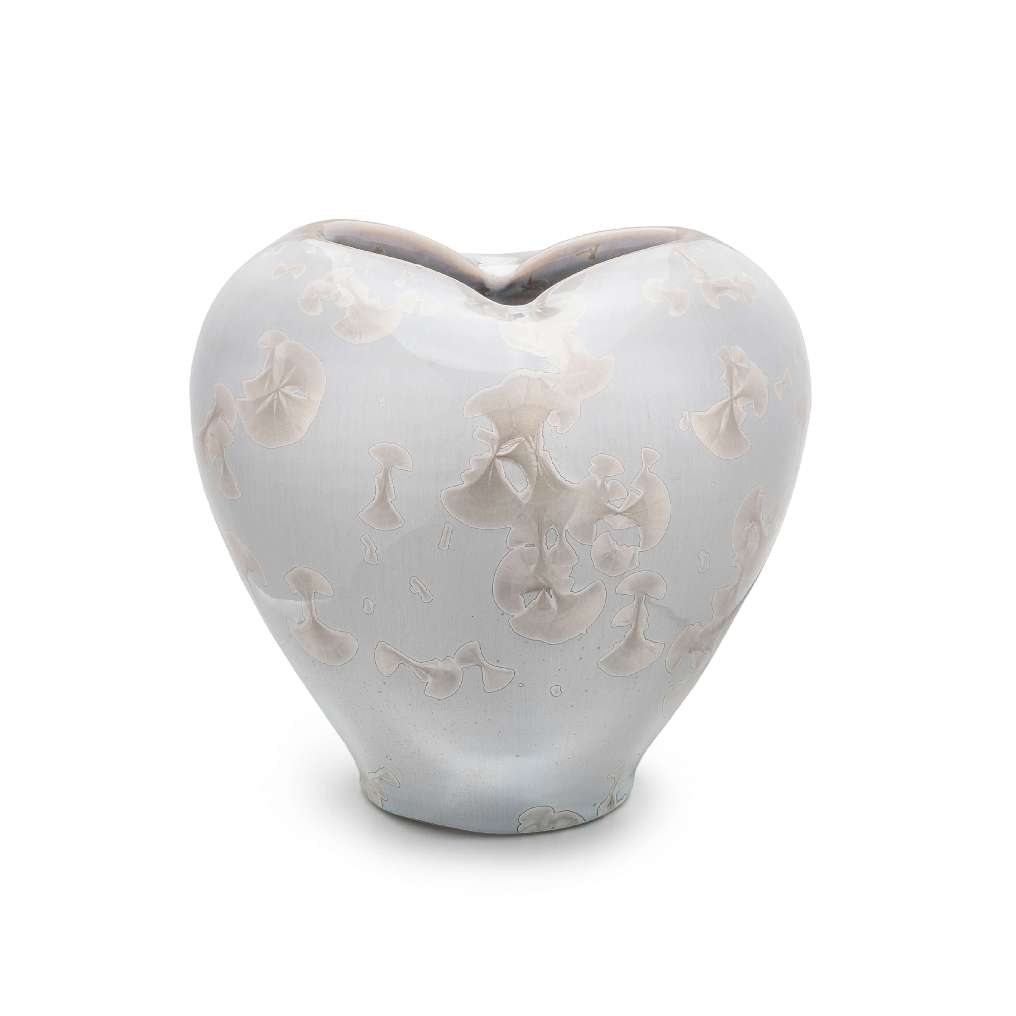 Large white heart-shaped vase with frosted surface and translucent mushroom relief pattern throughout.