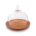 Glass dome with spherical finial on round cherry wood base for cheese service.