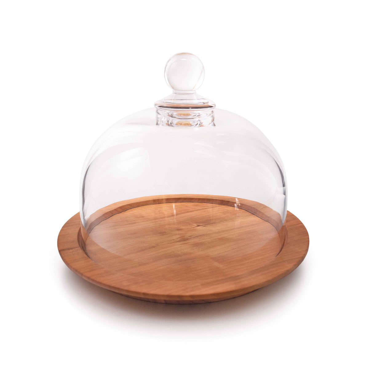 Glass dome with spherical finial on round cherry wood base for cheese service.