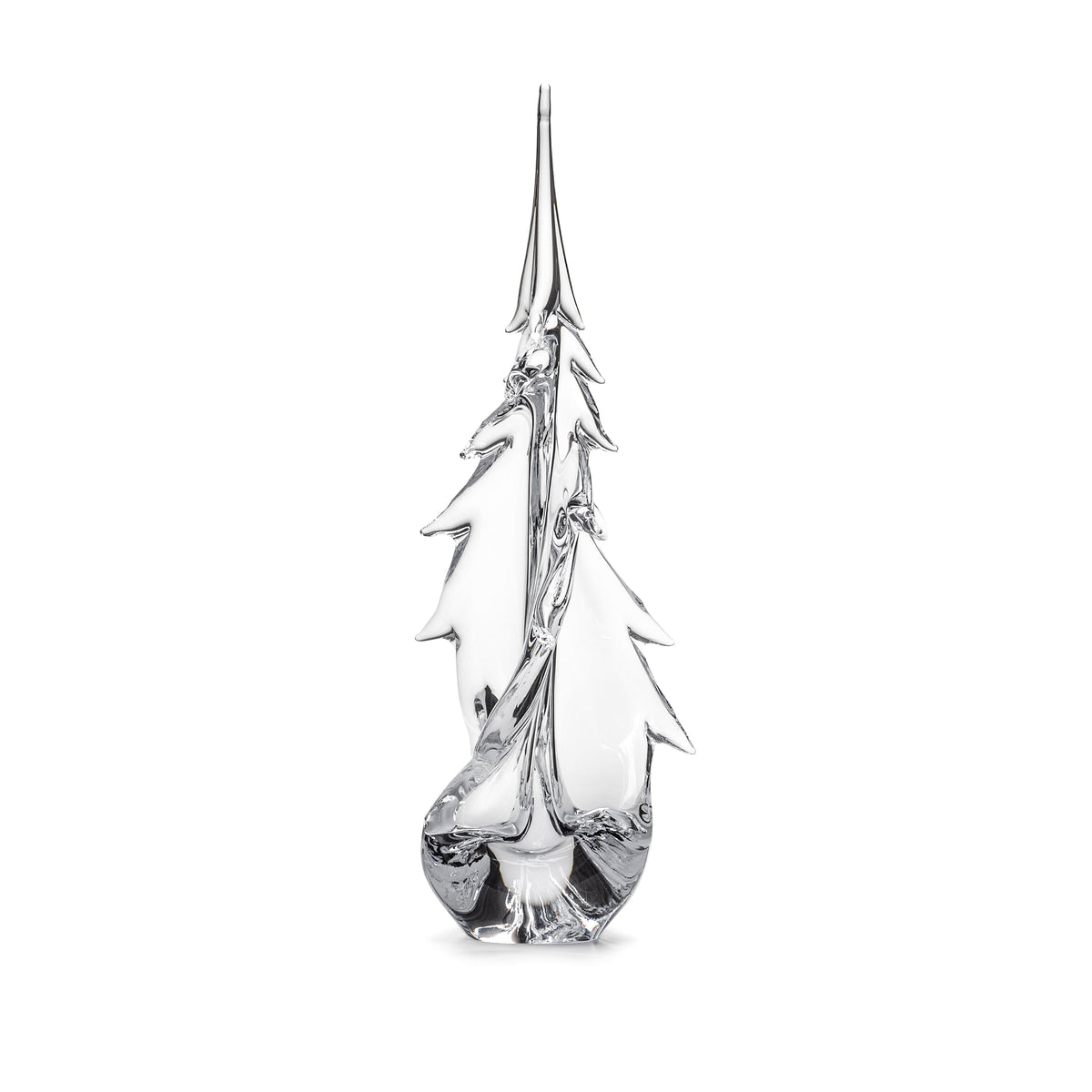 Clear glass evergreen tree sculpture with twisted branches and pointed top.