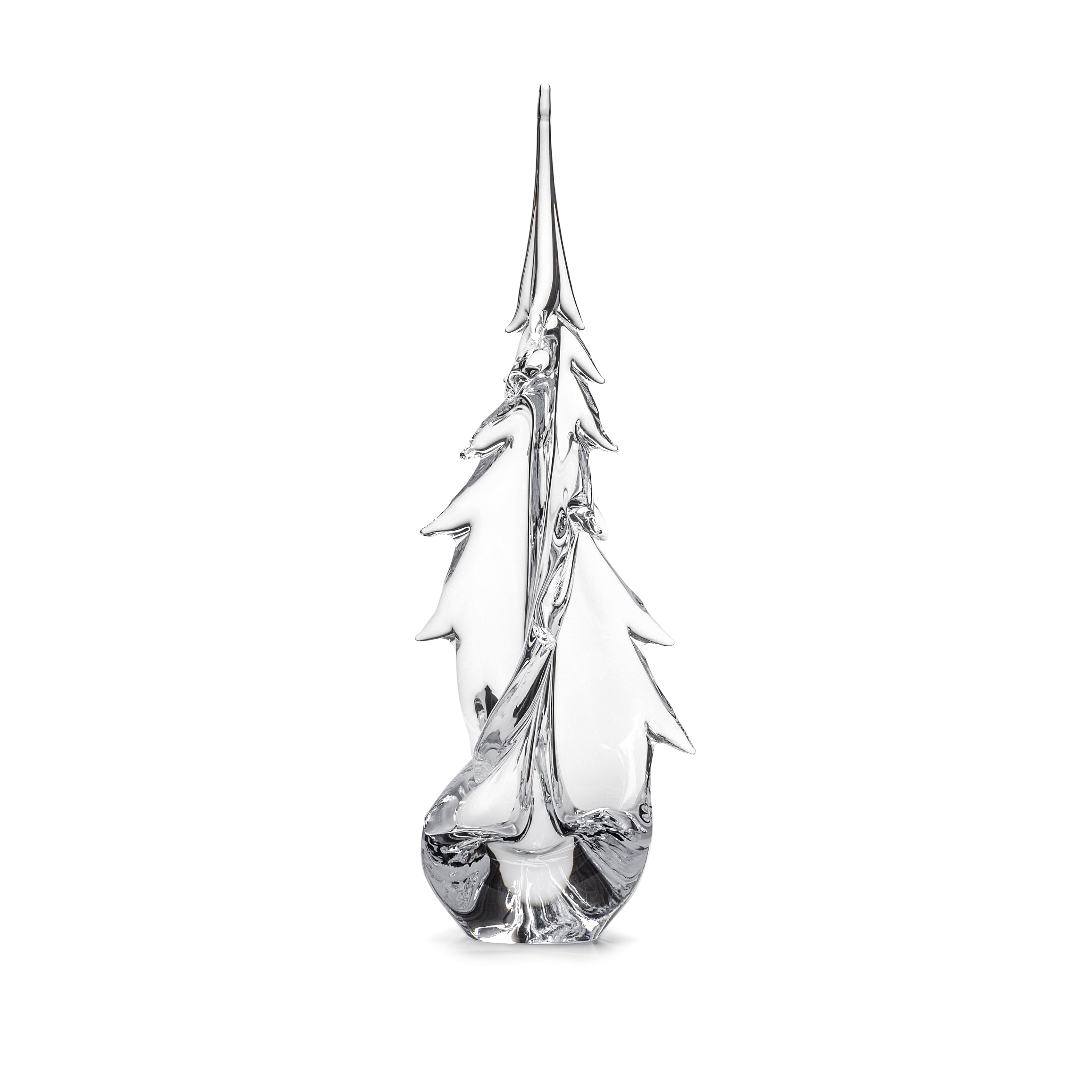 Clear glass evergreen tree sculpture with twisted spiral design and pointed top.