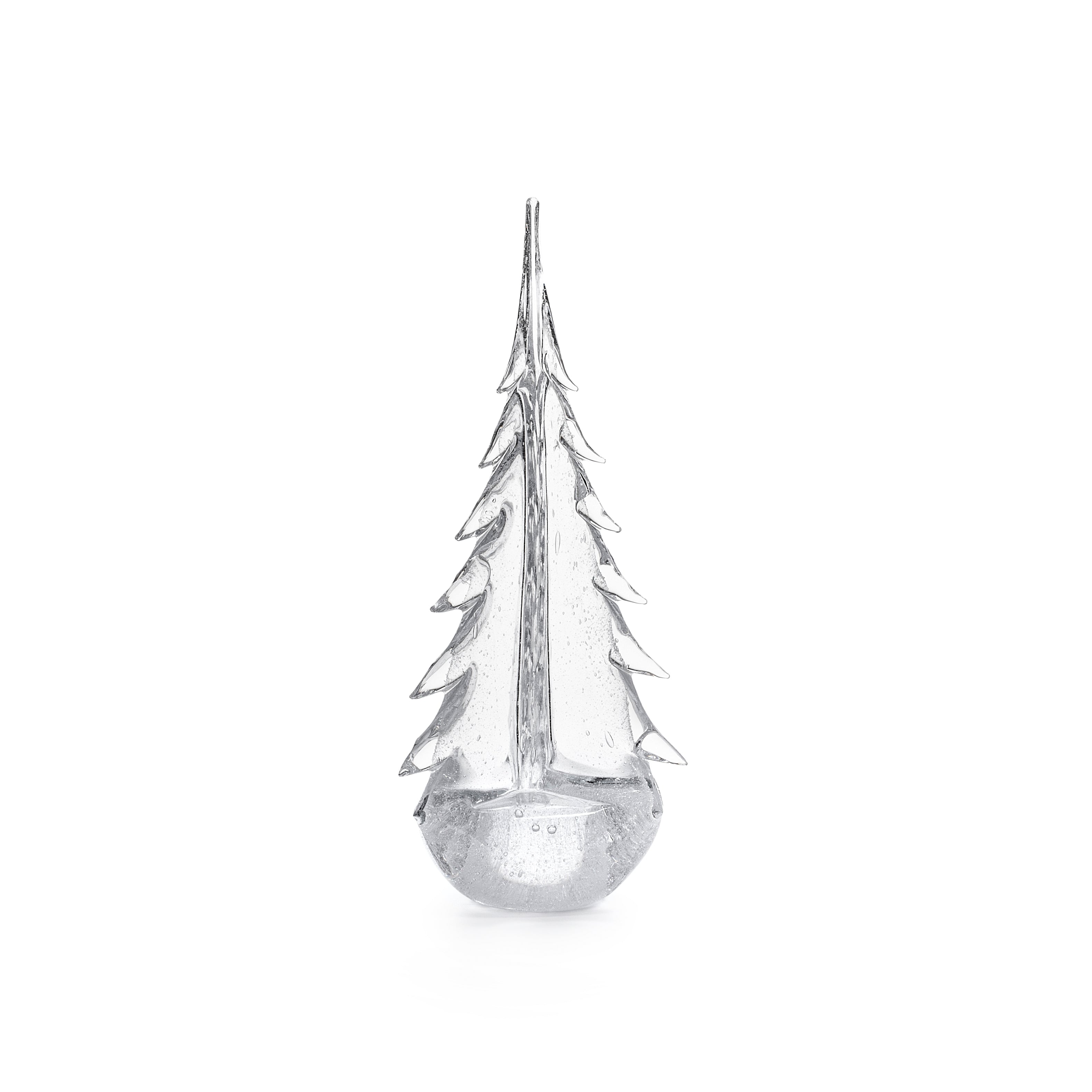 Translucent evergreen tree-shaped candle with silvery finish and rounded base.