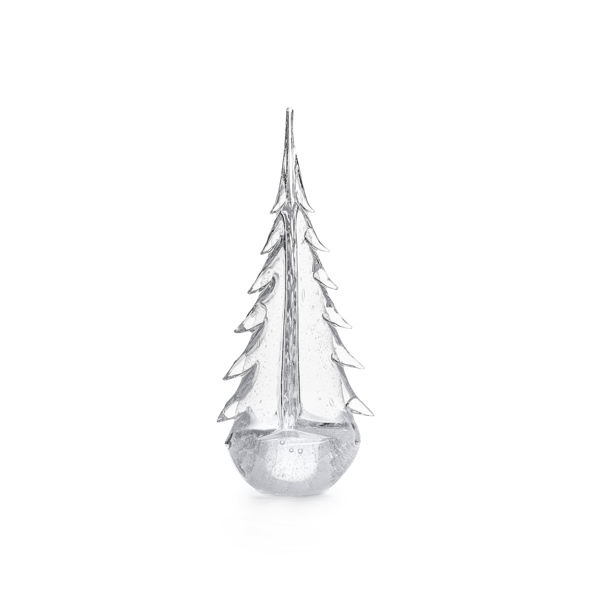 Clear glass evergreen tree-shaped candle with bubbled texture and pointed top on white background.