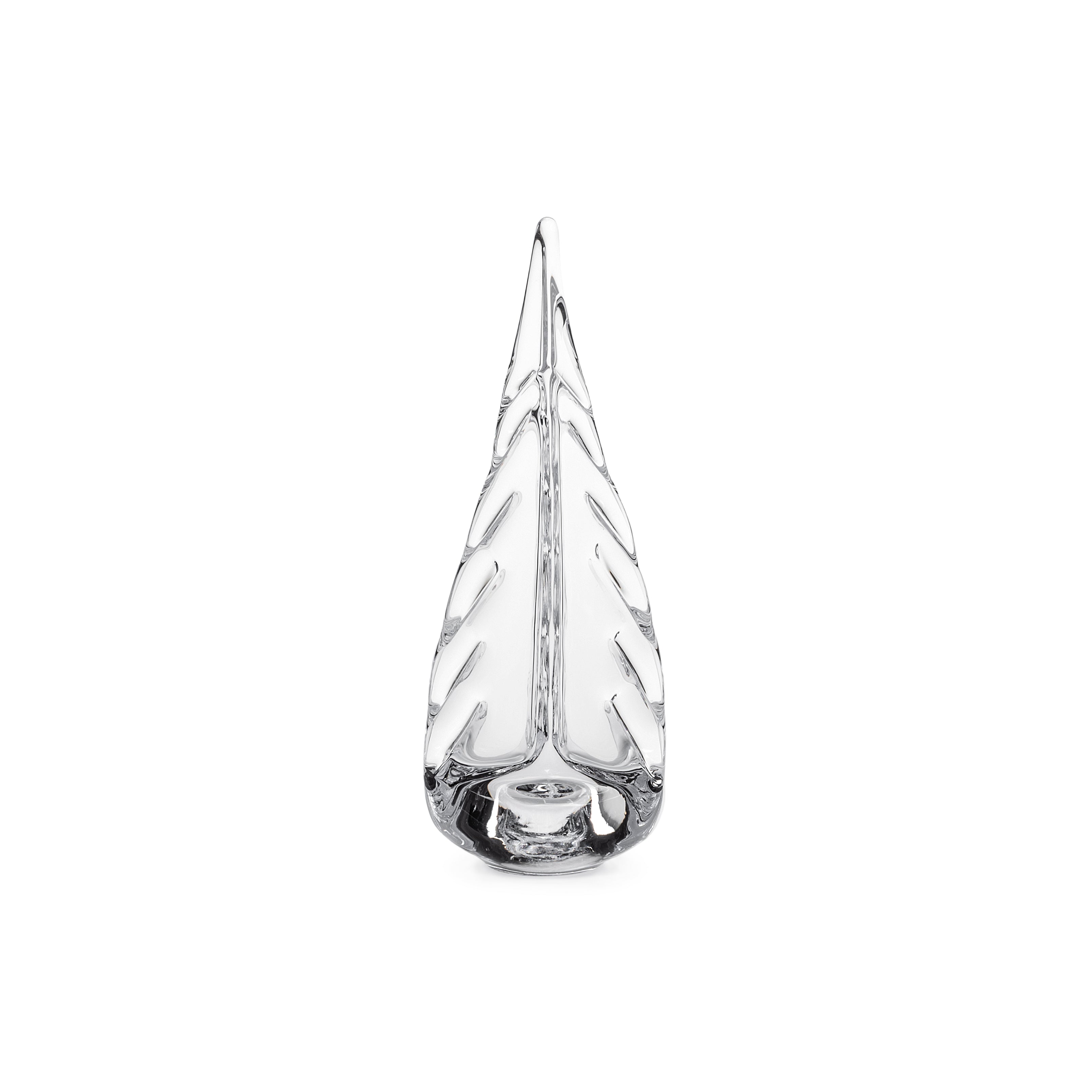Clear glass teardrop vase with etched evergreen branch pattern and pointed top.