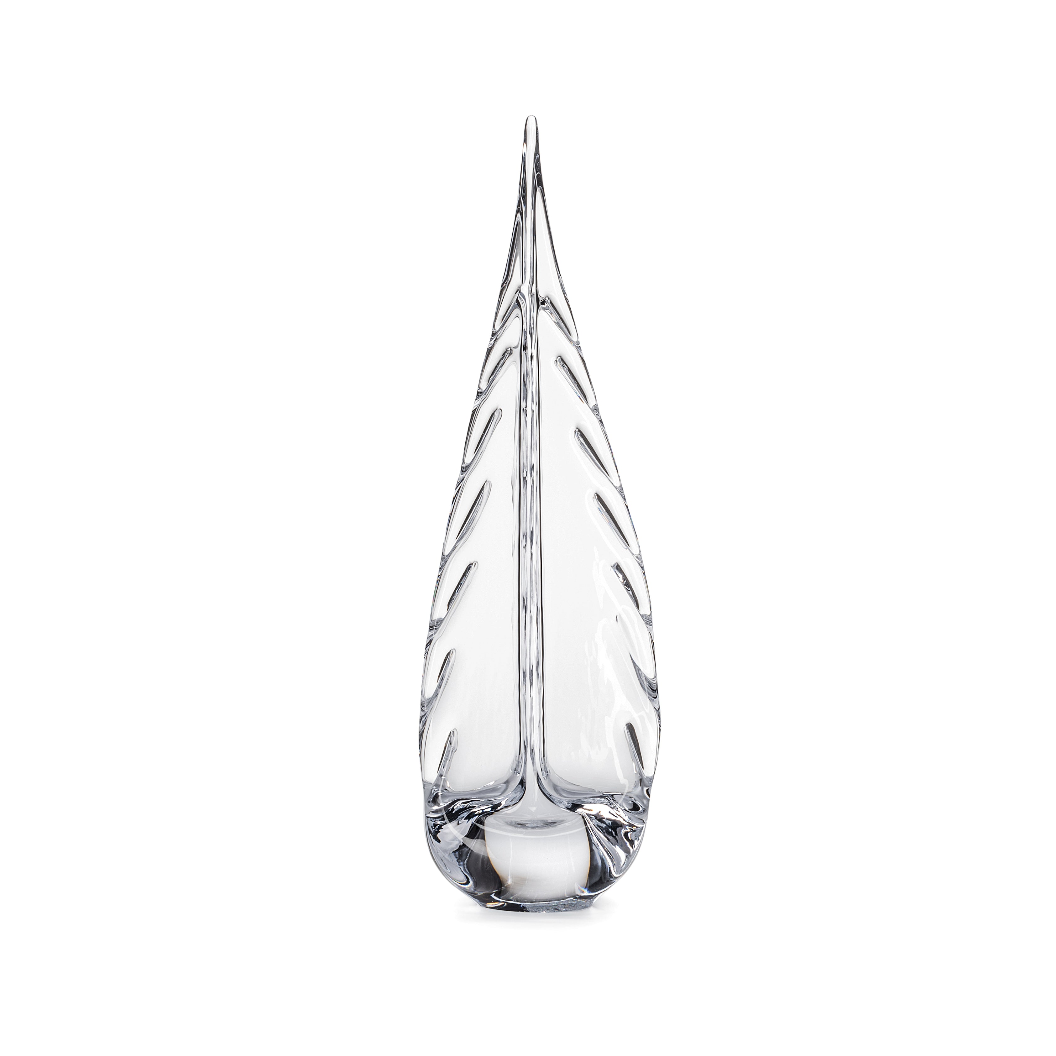 Clear glass vase with pointed top and textured leaf-like pattern throughout the body.