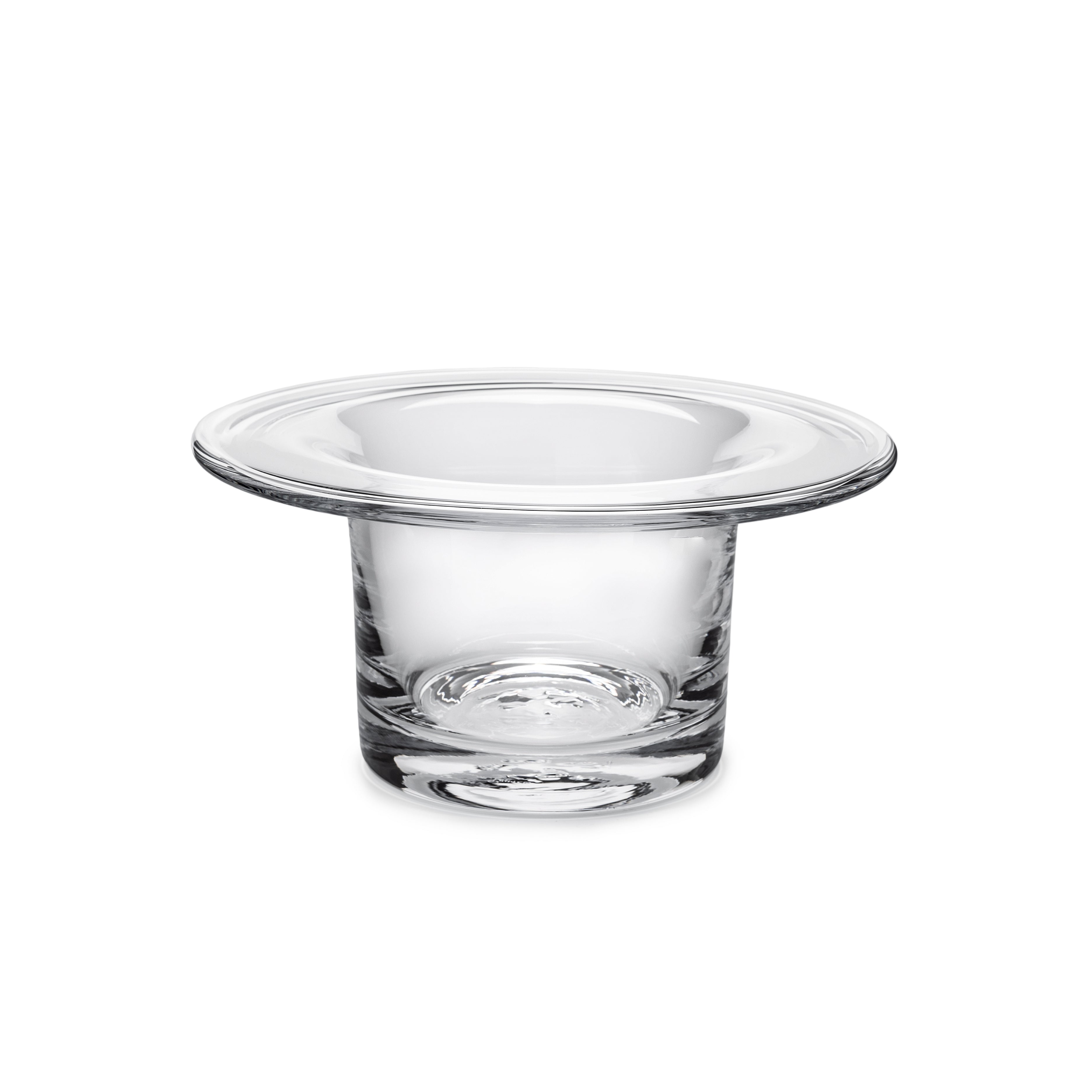 Clear glass hurricane vase with wide flared rim and tapered cylindrical body.