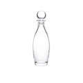 Clear glass decanter with spherical stopper and curved tapered body.