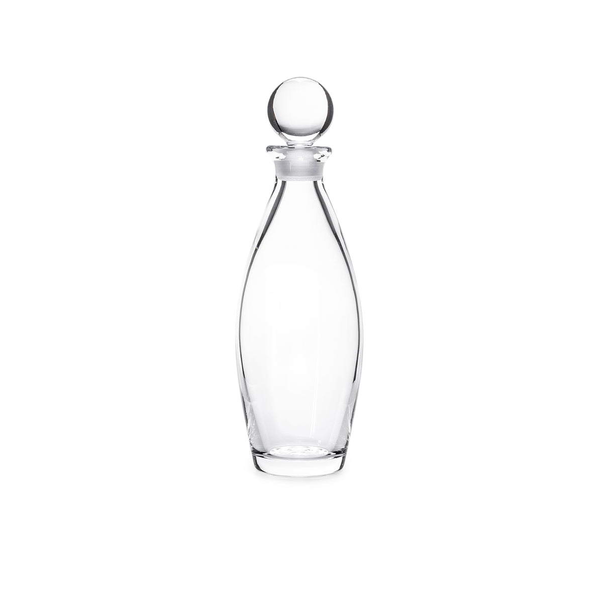 Clear glass decanter with spherical stopper and curved tapered body.