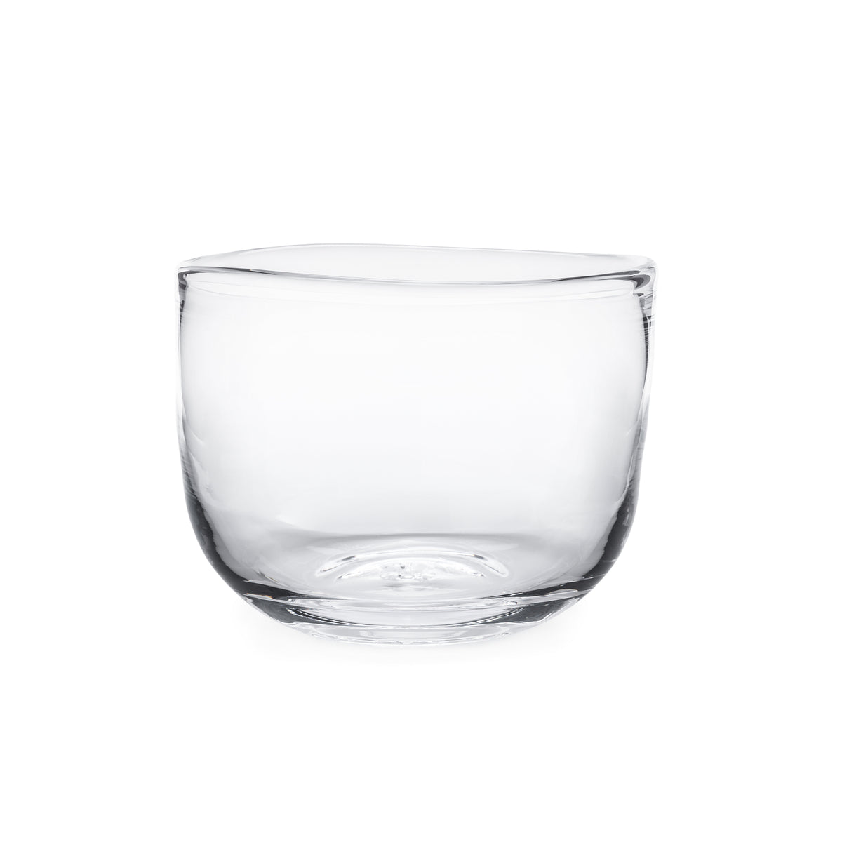 Clear glass bowl with curved sides and wide mouth opening.