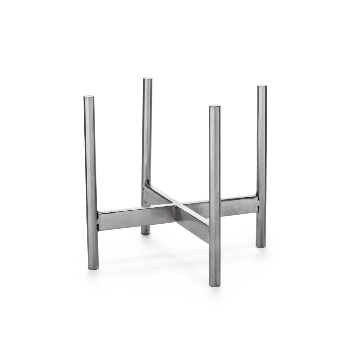 Stainless steel stand with four vertical posts and X-shaped cross bracing in the center.