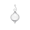 Clear glass finial ornament with spiral ridged pattern and metal hanging hook.