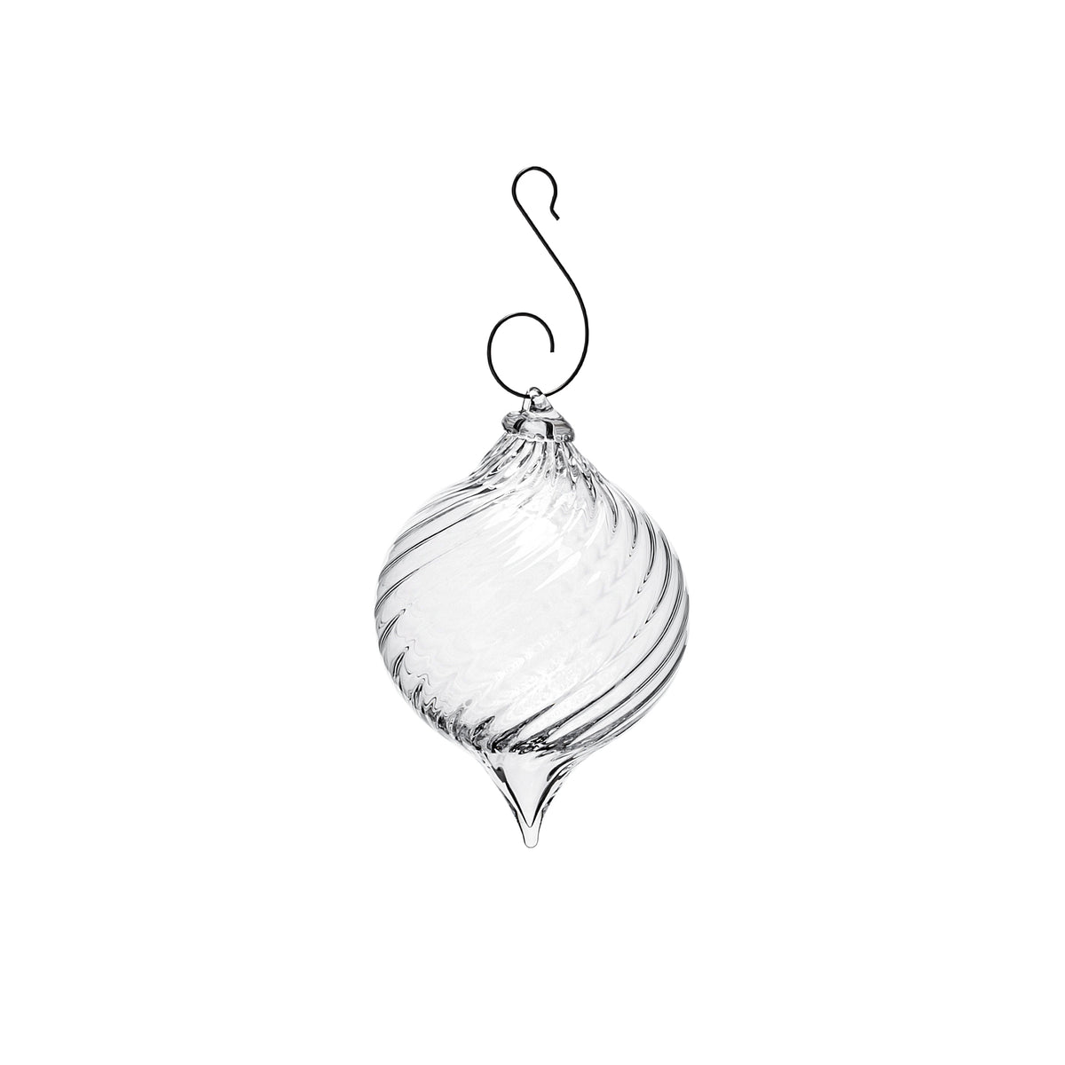 Clear glass finial ornament with spiral ridged pattern and metal hanging hook.