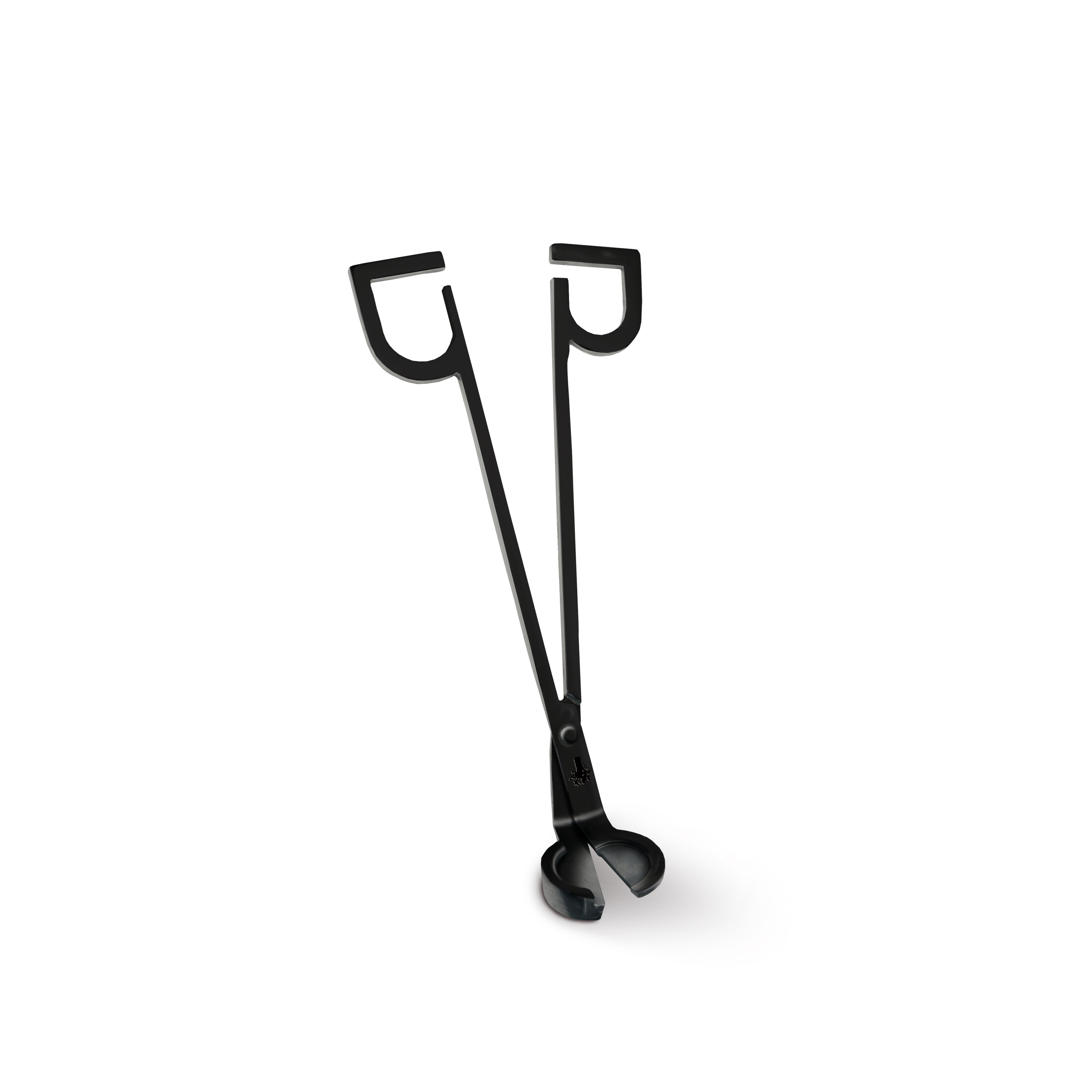 Black metal wick trimmer with two curved cutting heads and long handle.