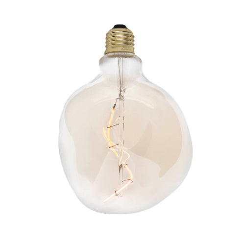 Tinted LED bulb with warm filament design and brass-colored threaded base.