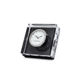 Square desk clock with white face and black hands, mounted in clear acrylic case with black base.