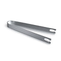 Stainless steel ice tongs with two hinged arms and grip handles on white background.
