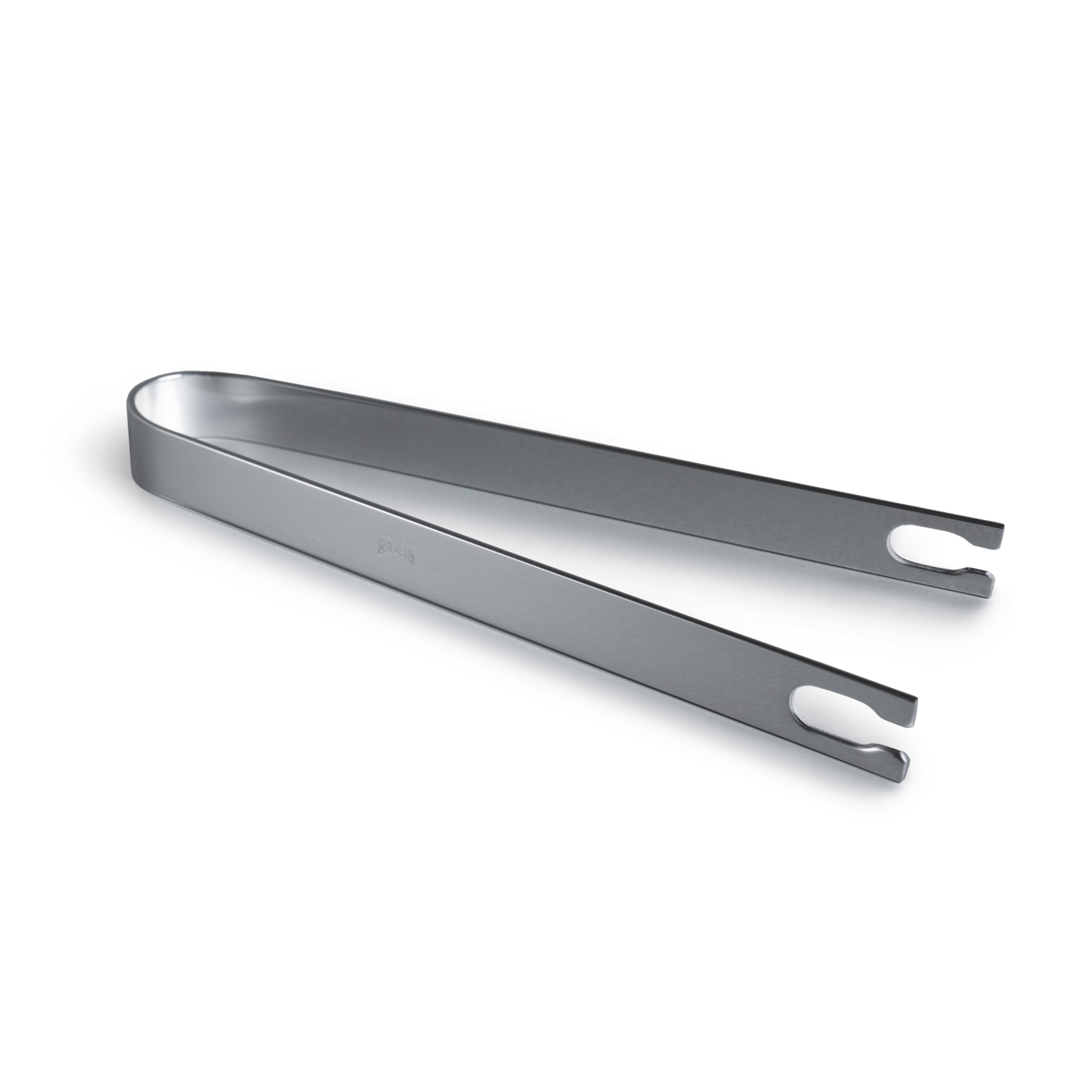 Stainless steel ice tongs with two hinged arms and grip handles on white background.