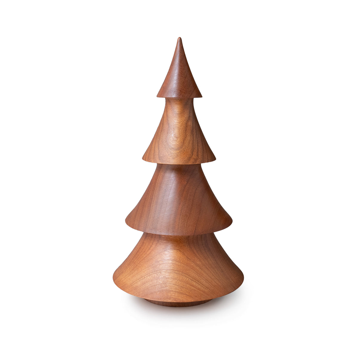 Stacked wooden tree decoration with tiered conical sections in natural cherry wood tones.