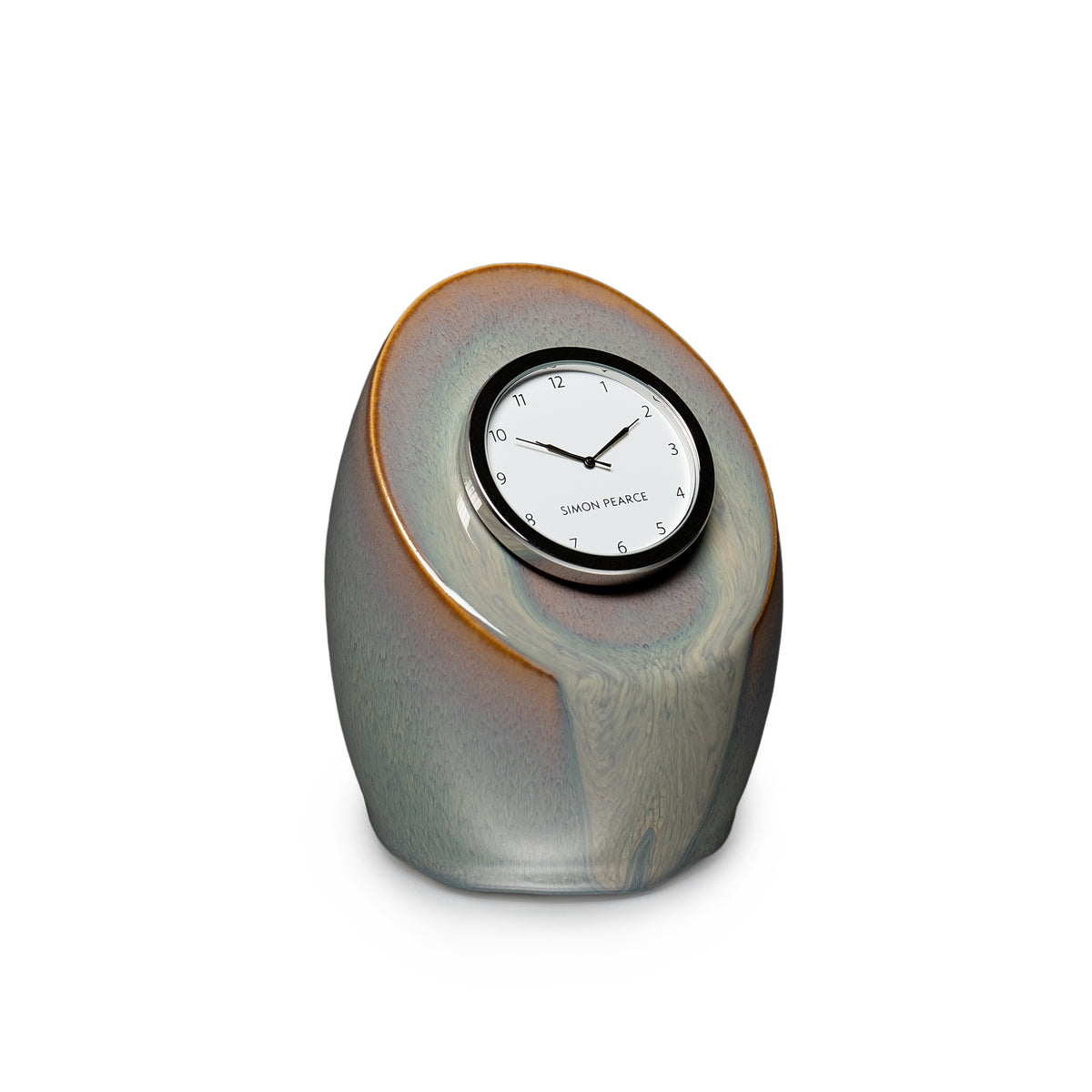 Gray pottery clock with rounded oval shape and embedded black clock face showing time.