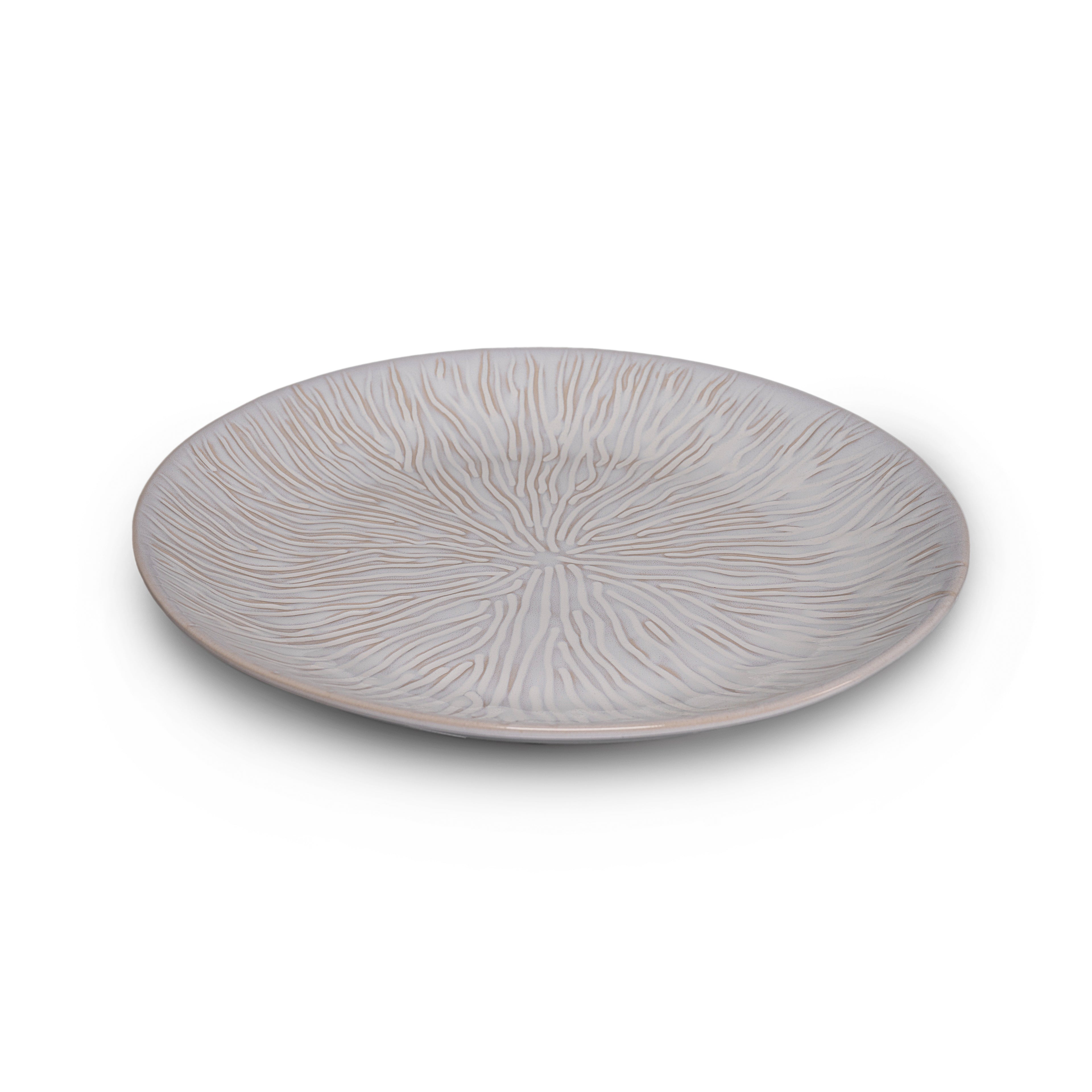 Gray ceramic platter with radial line texture pattern and slightly raised rim.