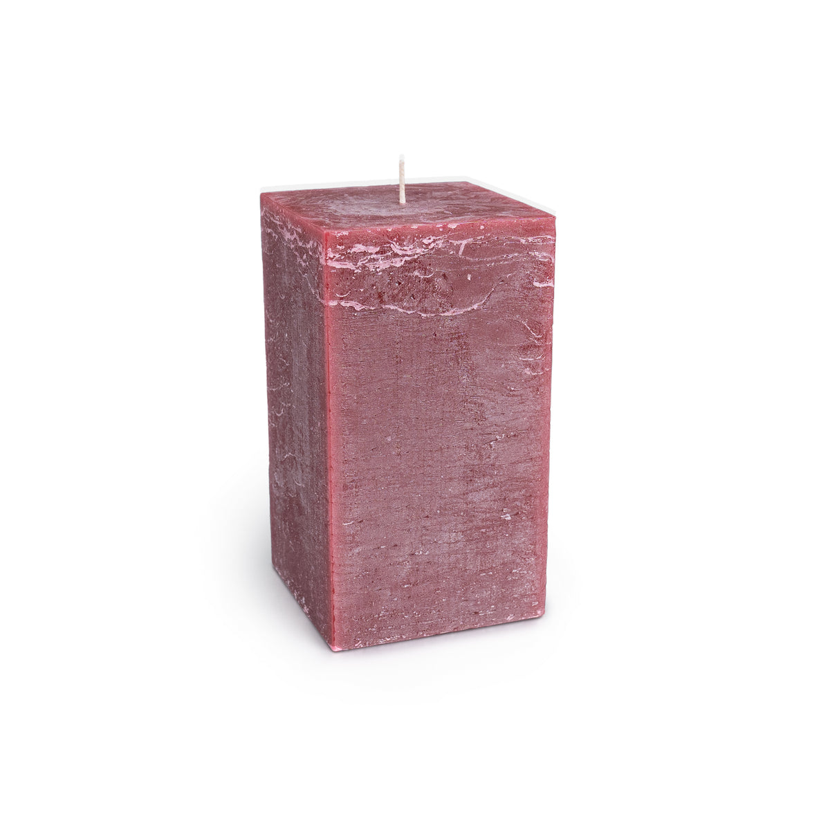 Deep berry-colored square pillar candle with white wick and textured wax surface.
