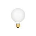 Matte white spherical LED bulb with brass threaded base and black contact point.