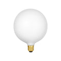 Matte white spherical LED bulb with brass screw base and black contact point.