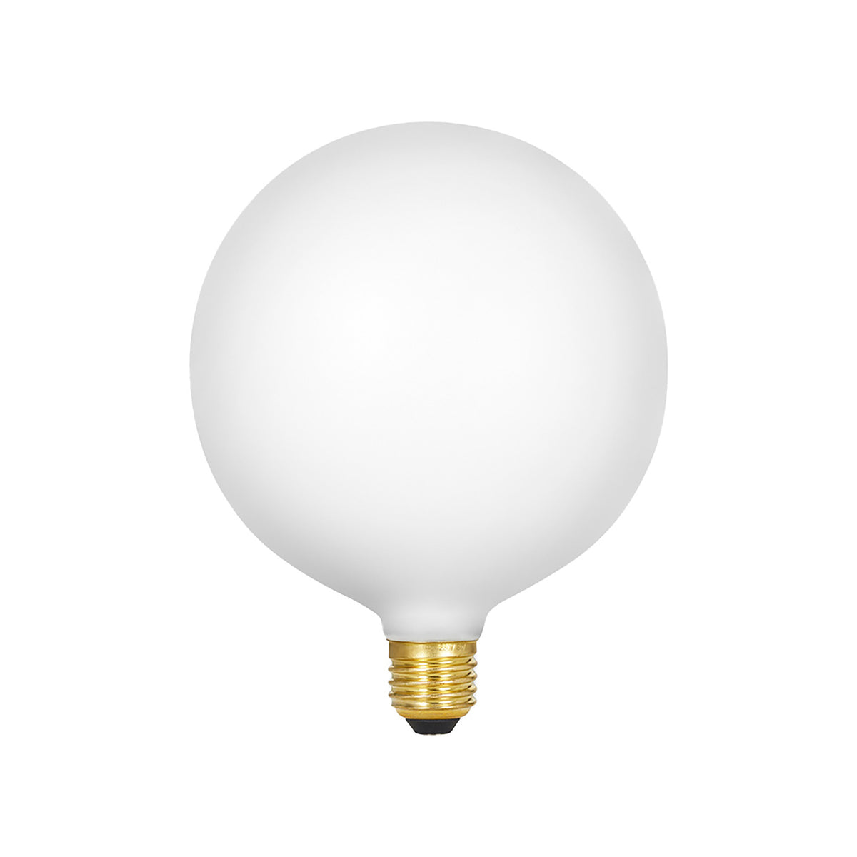 Matte white spherical LED bulb with brass screw base and black contact point.