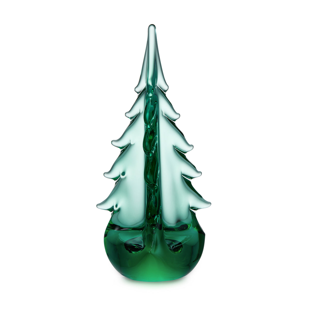 Green glass evergreen tree figurine with pointed top, tiered branches, and rounded base in light and dark green tones.