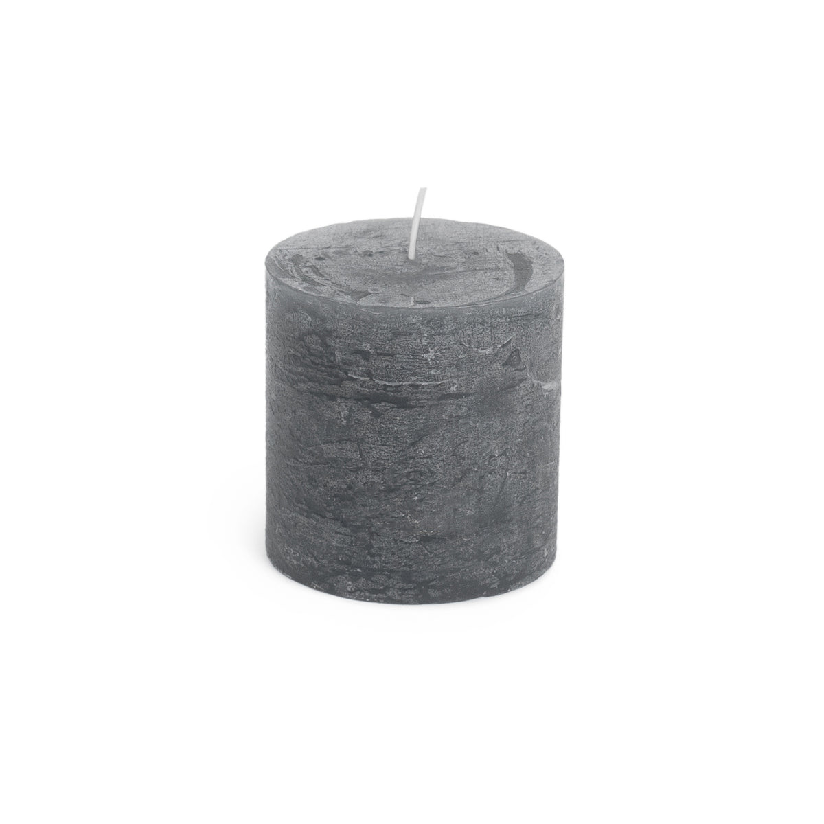 Grey cylindrical pillar candle with white wick, textured finish surface.