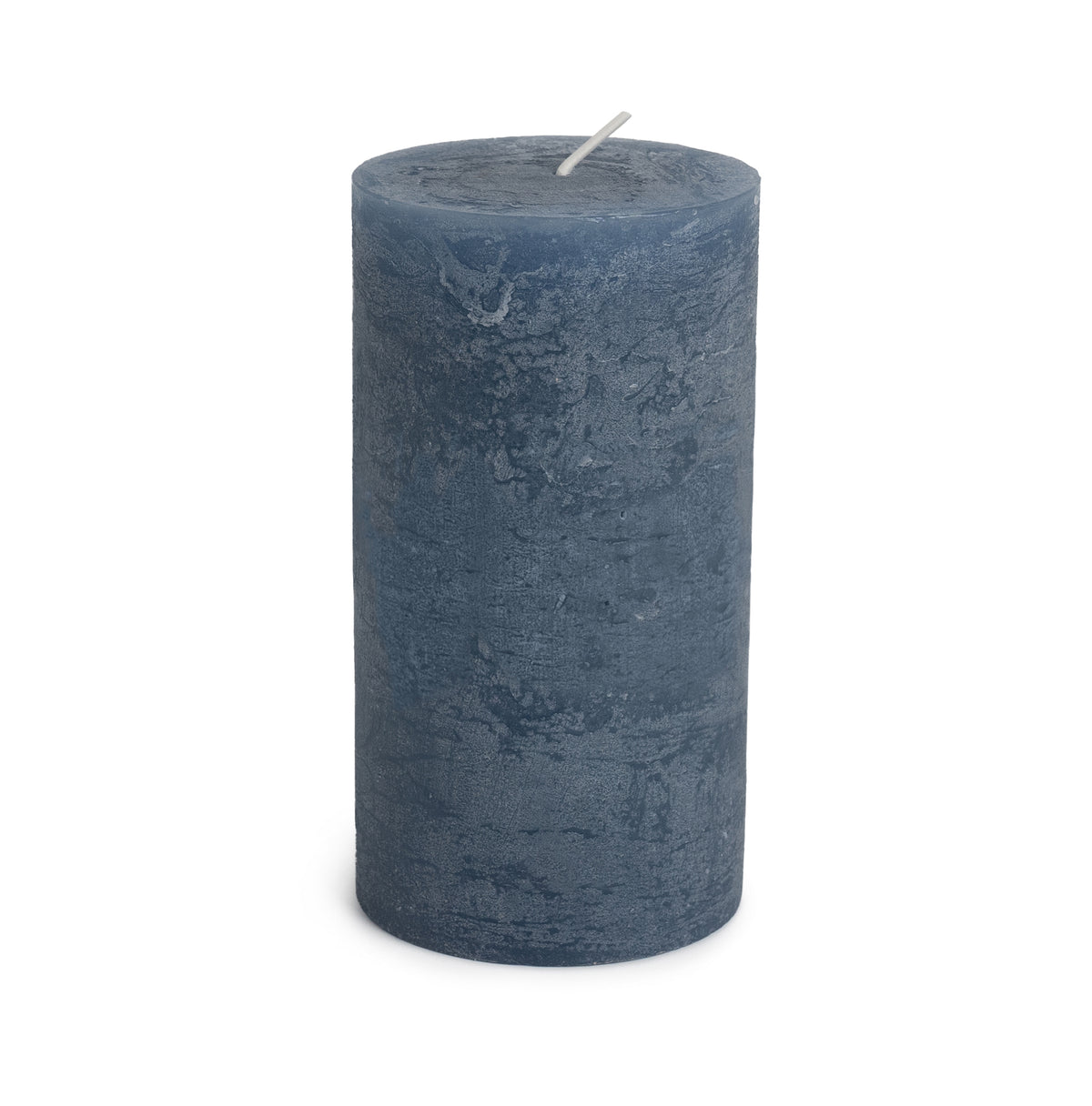 Cylindrical pillar candle in lupine blue with a textured surface and single wick on top.