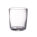 Clear glass tumbler with straight sides and rounded bottom, medium size.