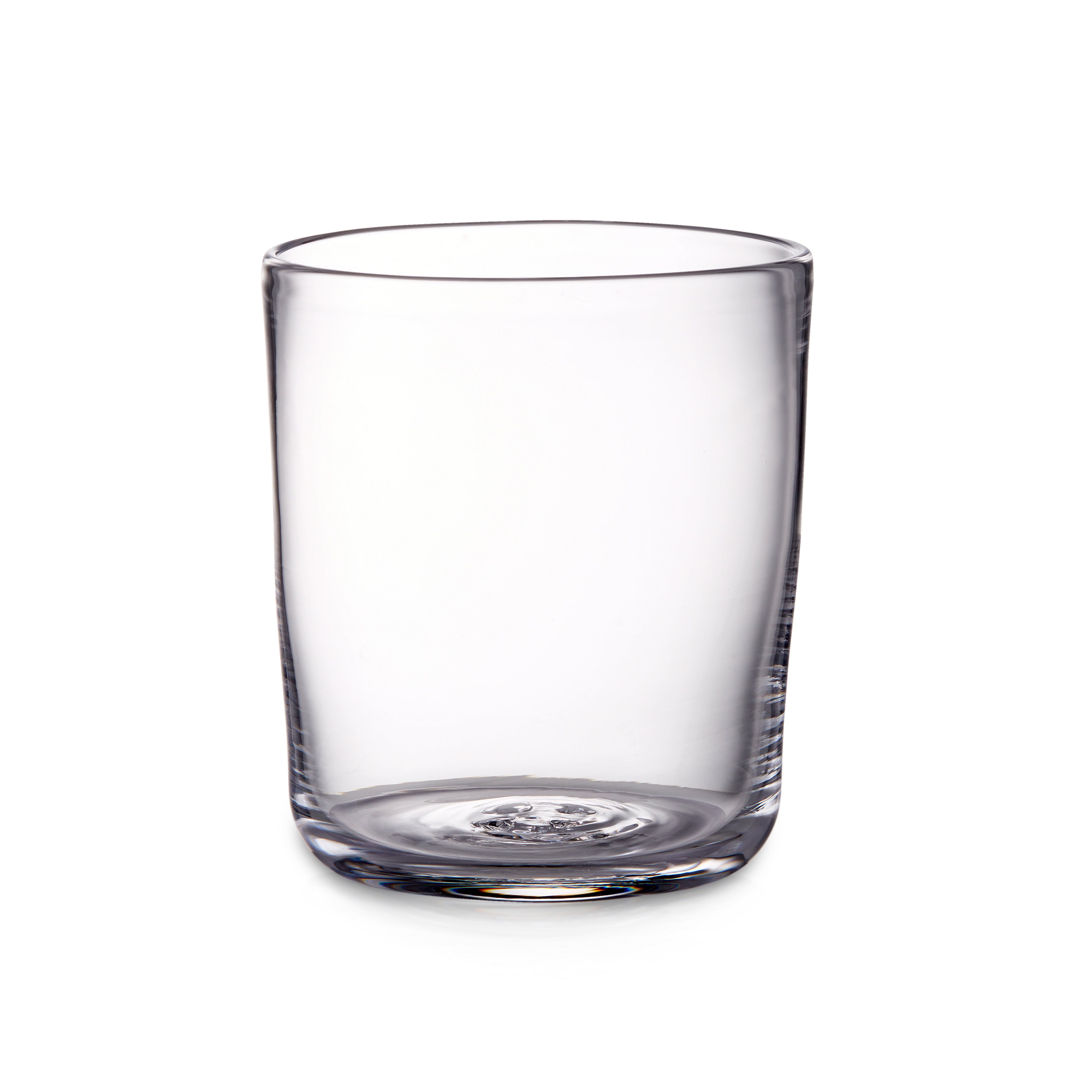 Clear glass tumbler with straight sides and rounded bottom, medium size.